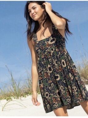 NATURAL LIFE Black Floral Mini Dress with Green and Tan Accents